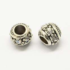 Crystal Alloy Rhinestone European Beads, Rondelle Large Hole Beads, Antique Silver, Crystal, 11x10mm, Hole: 5mm