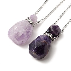 Amethyst Openable Faceted Natural Amethyst Perfume Bottle Pendant Necklaces for Women, 304 Stainless Steel Cable Chain Necklaces, Stainless Steel Color, 18.54 inch(47.1cm)