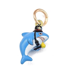 Shark Латунные подвески с принтом, животные прелести, реальный 18 k позолоченный, синие, акула, 17.5x10x5.5 мм, отверстие : 4 мм