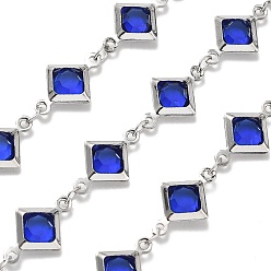 Синий Латунные стеклянные ромбовидные цепи, с катушкой, долговечный, пайки, без свинца и без кадмия, стойки покрытие, платина, синие, 15x9x2.5 мм