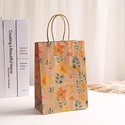 Gold Flower Printed Paper Shopping Bags with Handle, Gift Tote, Rectangle, Gold, 15x8x21cm, 10pcs/set