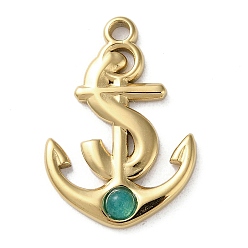 Amazonite Vacuum Plating 316 Stainless Steel Pendants, with Natural Amazonite, Anchor, Real 18K Gold Plated, 23x15.5x3mm, Hole: 1.8mm