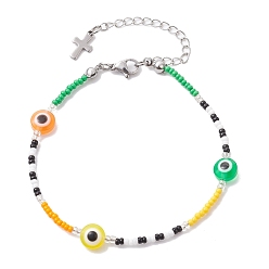 Mixed Color Resin Evil Eye & Glass Seed Beaded Bracelets, Green, 10-3/8 inch(26.5cm)