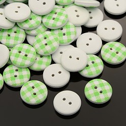 Light Green 2-Hole Flat Round Tartan Pattern Printed Wooden Sewing Buttons, Dyed, Light Green, 15x4mm, Hole: 1mm