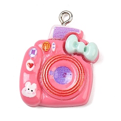 Темно-Розовый Непрозрачные подвески смолы, мгновенная камера, с железной платиной петлей, темно-розовыми, 27x20x6 мм, отверстие : 2 мм