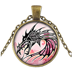Antique Bronze Pink Dragon Theme Glass Flat Round Pendant Necklace with Alloy Chains, Antique Bronze, 27.56 inch(70cm)