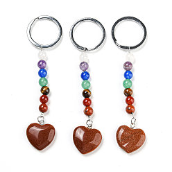 Goldstone Synthetic Goldstone Heart Pendant Keychain, with 7 Chakra Gemstone Beads and Platinum Tone Brass Findings, 10cm