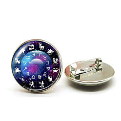 Star 12 Constellations Glass Lapel Pin, Platinum Plated Alloy Flat Round Badge for Backpack Clothes, Star Pattern, 25mm