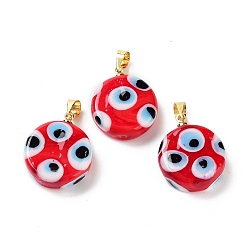 Red Handmade Evil Eye Lampwork Pendants, with Rack Plating Brass Findings, Long-Lasting Plated, Lead Free & Cadmium Free, Flat Round, Red, 19.5x16x6mm, Hole: 4.2x3.8mm