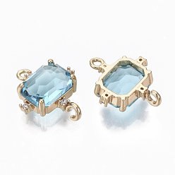 Cyan Glass Links connectors, with Brass Micro Pave Cubic Zirconia, Faceted, Cuboid, Light Gold, Cyan, 17.5x14x5.5mm, Hole: 1.2mm