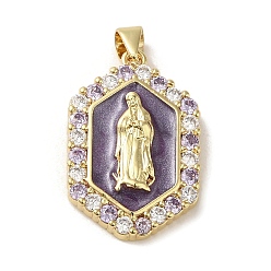 Темно-синий  Шифер Покрытие стойки латунные эмалированные подвески с кубическим цирконием, долговечный, без свинца и без кадмия, реальный 18 k позолоченный, шестиугольник, темный сланец синий, 25x16.5x4.5 мм, отверстие : 3x4 мм