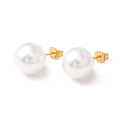 Golden 6 Pair Shell Pearl Round Ball Stud Earrings, 304 Stainless Steel Post Earrings for Women, White, Golden, 24x12mm, Pin: 1mm