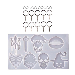 White DIY Silicone Halloween Theme Pendant Molds & Keychain & Jump Ring Set, Resin Casting Molds, For UV Resin, Epoxy Resin Jewelry Making, Pumpkin/Skeleton/Lip, White, 150x254x65mm
