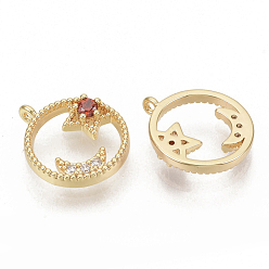 Red Brass Micro Pave Cubic Zirconia Charms, Real 18K Gold Plated, Flat Round with Star and Moon, Nickel Free, Red, 13.5x11.5x3mm, Hole: 0.9mm