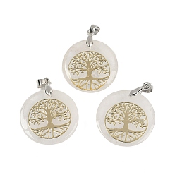 Хрусталь Плоские круглые подвески из натурального кварца, Подвески из горного хрусталя в виде дерева жизни с покрытием из платины и латунными защелками на дужках, без кадмия и без свинца, 30.5~32x25~25.5x6.5~7.5 мм, отверстие : 4.5x3.5 мм