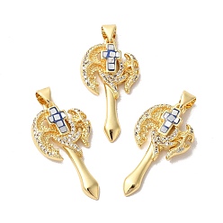 Blue Axe Shapes Rack Plating Brass Cubic Zirconia Pendants, with Enamel & Shell, Long-Lasting Plated, Lead Free & Cadmium Free, Real 18K Gold Plated, Blue, 31x16x3mm, Hole: 4x5mm