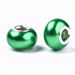 Green Imitation Pearl Style Resin European Beads, Large Hole Rondelle Beads, with Silver Tone Brass Double Cores, Green, 14x9mm, Hole: 5mm