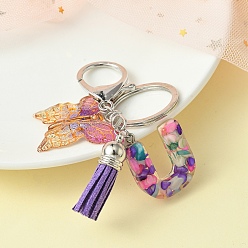 Letter U Resin Letter & Acrylic Butterfly Charms Keychain, Tassel Pendant Keychain with Alloy Keychain Clasp, Letter U, 9cm