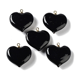 Black Handmade Lampwork Pendants, with Rack Plating Golden Tone Brass Findings, Long-Lasting Plated, Heart Charm, Black, 18.5x17x6.5mm, Hole: 1.4mm