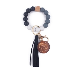 Gray Silicone Beaded Wristlet Keychain, with Imitation Leather Tassel and Word Mama Board, for Women Car Key or Bag Decoration, Gray, 20cm