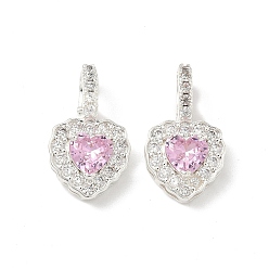 Pink Латунные микро проложить кубического циркония подвески, сердце прелести, серебряные, розовые, 19.5x11.5x6 мм, отверстие : 5x3.5 мм