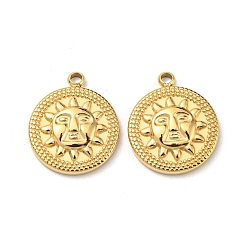 Real 14K Gold Plated 304 Stainless Steel Pendants, Flat Round with Sun Charm, Real 14K Gold Plated, 15x12x2.5mm, Hole: 1.2mm
