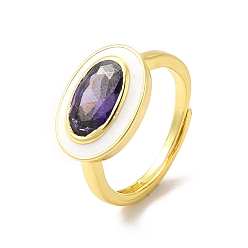 White Purple Cubic Zirconia Oval Adjustable Ring, Rack Plating Real 18K Gold Plated Brass Enamel Jewelry for Women, Long-Lasting Plated, Cadmium Free & Lead Free, White, US Size 6, Inner Diameter: 16.5mm, 2mm, Oval: 11x15mm