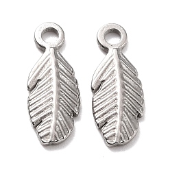 Stainless Steel Color 304 Stainless Steel Pendants, Leaf, Stainless Steel Color, 15.5x6x1.5mm, Hole: 1.8mm