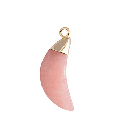 Other Jade Natural Pink Jade Dyed Pendants, Faceted Moon Charms, with Golden Plated Brass Findings, 25x10mm