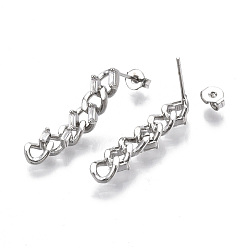 Real Platinum Plated Brass Micro Pave Clear Cubic Zirconia Dangle Stud Earrings, with Ear Nuts, Curb Chain, Nickel Free, Real Platinum Plated, 28x6mm, Pin: 0.8mm