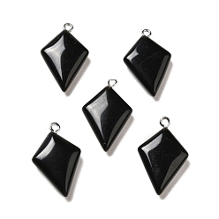 Obsidian Natural Obsidian Pendants, Kite Charms, with Stainless Steel Color Tone Stainless Steel Loops, 28x18x6~7mm, Hole: 2mm