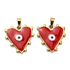 Red Ion Plating(IP) 304 Stainless Steel Pendants, with Enamel, Heart with Evil Eye Charm, Golden, Red, 21x21x3mm, Hole: 5x3.5mm