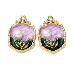 Лиловый Подвески из эмалевого сплава легкого золота, с ABS имитации жемчуга, , стойки покрытие, сирень, 28x19x6 мм, отверстие : 1.8 мм