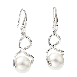 Platinum Plastic Pearl Infinity Dangle Earrings with Cubic Zirconia, Rack Plating Brass Long Drop Earrings for Women, Lead Free & Cadmium Free, Platinum, 50x18mm