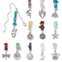 Mixed Stone Natural Gemstone Chip Beads Bookmarks, Mixed Shapes Alloy Charms Bookmarker, 85~95mm, 12pcs/set.