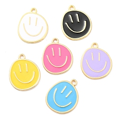 Mixed Color Alloy Enamel Pendants, Golden, Flat Round with Smiling Face Charm, Mixed Color, 24.5x20x1.5mm, Hole: 2mm