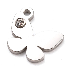 Stainless Steel Color 304 Stainless Steel Charms, Manual Polishing, with Crystal Rhinestone, Butterfly, Stainless Steel Color, 13.5x12x1.5mm, Hole: 1.2mm