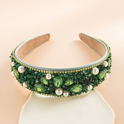 Green Colorful Gemstone Wide Headband with Rhinestones and Fabric, Chic Candy-colored Hair Accessories