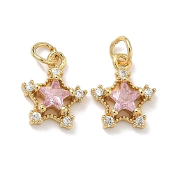 Розовый Латунные микро проложить кубического циркония подвески, звезды прелести, без свинца и без кадмия, стойки покрытие, долговечный, реальный 18 k позолоченный, туманная роза, 10x9x4 мм, Перейти кольцо: 4x0.8 мм, внутренний диаметр: 2.5 мм