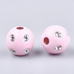 Pink Plating Acrylic Beads, Metal Enlaced, Round, Pink, 9~10x9mm, Hole: 2mm, about 1000pcs/500g