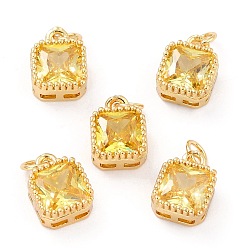 Yellow Real 18K Gold Plated Brass Inlaid Cubic Zirconia Charms, with Jump Ring, Long-Lasting Plated, Square, Yellow, 9.5x7x4mm, Jump Ring: 4x0.5mm, 2.5mm Inner Diameter