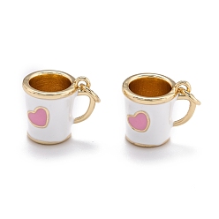White Brass Enamel Charms, with Jump Ring, Golden, Mug with Heart, White, 12.5x13.5x10mm, Hole: 3mm