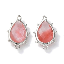Cherry Quartz Glass Synthetic Cherry Quartz Glass Connector Charms, with Platinum Plated Brass Edge Loops, Faceted, Teardrop, 24x14.5x5mm, Hole: 1.2mm & 1.4mm