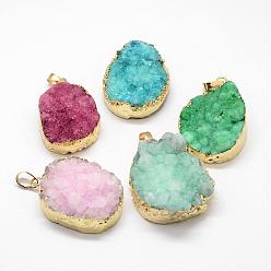 Mixed Color Electroplated Natural & Dyed Druzy Agate Pendants, with Golden Plated Brass Findings, Mixed Color, 39~75x25~50x10~20mm, Hole: 8x5mm