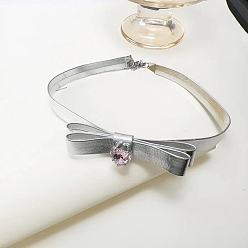 Type B Cool Leather Choker Necklace with Silver Rhinestone Butterfly Bow - Trendy