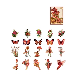 Red 40Pcs 20 Styles Waterproof Flower Fairy PET Stickers, Self-adhesion, for DIY Scrapbooking, Red, 60x60mm, 2pcs/style