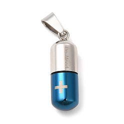 Blue Ion Plating(IP) 304 Stainless Steel Openable Capsule Pill Box Pendants, Medical Cross Pill Container Charms with Snap on Bails for Jewelry Necklace Making, Stainless Steel Color, Blue, 28x9mm, Hole: 9x4mm