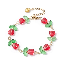 Red Glass Tulip Flower Beaded Bracelet with 304 Stainless Steel Clasps, Red, 7-5/8 inch(19.5cm)