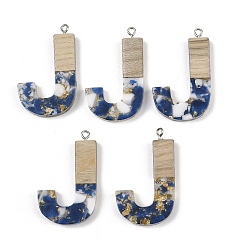 Letter J Кулоны из непрозрачной смолы и дерева, буквы, с платиновой петлей, буква J, 37.5~45x11~53x6 мм, отверстие : 2 мм