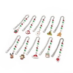 Mixed Color Christmas Theme Resin Pendant Bookmarks, Flower Pattern Tibetan Style Alloy Hook Bookmark, Holly Leaf/Santa Claus/Reindeer, Mixed Color, 135~142mm, 10 style, 1pc/style, 10pcs/set